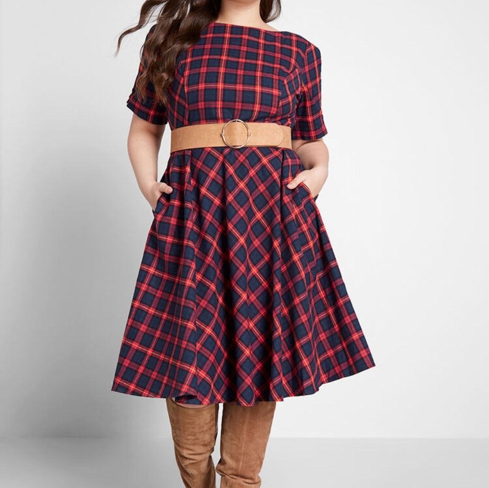 ModCloth Royal Monk Red and Navy Plaid Midi Dress 2x/18